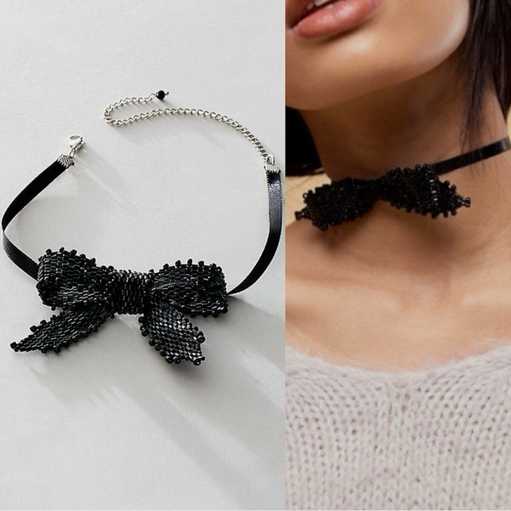 NWT Free People Black Bow Choker Necklace